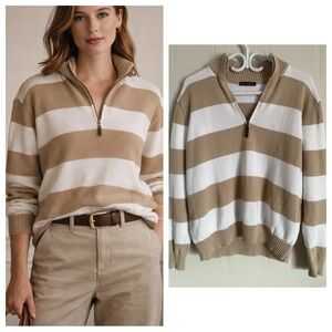 Brandy Melville Cotton Stripe Quarter Zip Sweater Preppy Classic Neutral